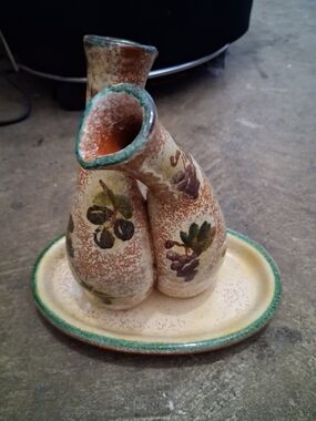 VTG Oil and Vinegar Cruet,  a VTG, double-vessel two joined pour Bottles, Signed
